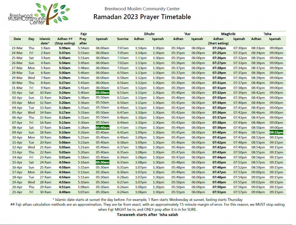 Ramadan Calendar The Brentwood Muslim Community Center